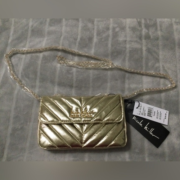 Nicole Miller Gold V Quilted Crossbody 8x5x2 - Picture 1 of 10